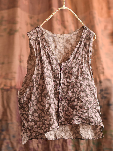 Women Artsy Floral Summer Ramie V-Neck Vest