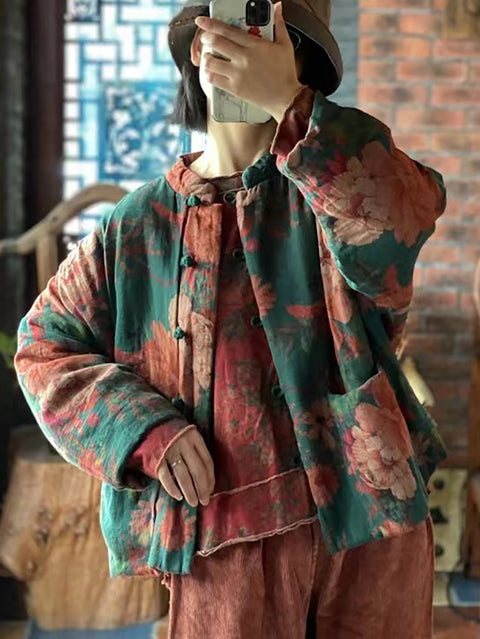 Women Autumn Ethnc Flower Button Pocket Cotton Coat