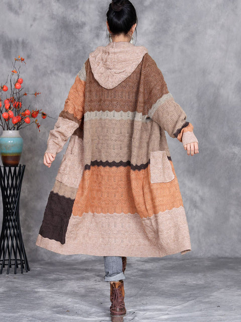 Women Winter Colorblock Knitted Hooded Coat