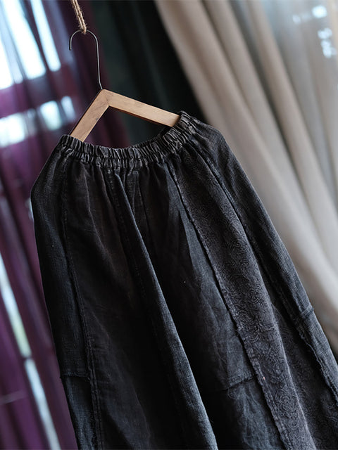 Women Vintage Linen Spliced Loose Raw-edge Skirt