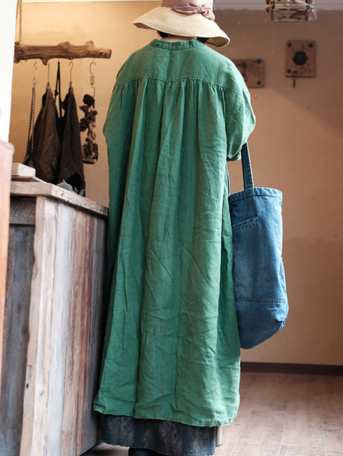 Women Autumn Vintage Green O-Neck Linen Robe Dress