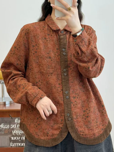 Women Autumn Flower Corduroy Spliced Button-up Shirt