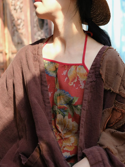 Women Autumn Ethnic Flower Patch Spliced Linen Coat