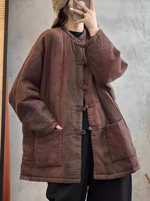 Women Autumn Vintage Flower Cotton O-Neck Coat