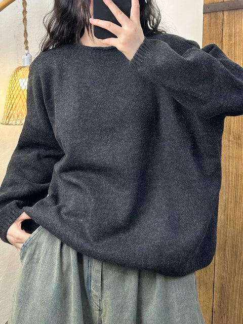 Women Vintage Autumn Solid O-Neck Knit Sweater