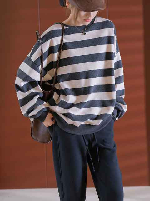 Women Autumn Casual Stripe Thick Cotton O-Neck Sweatshirt