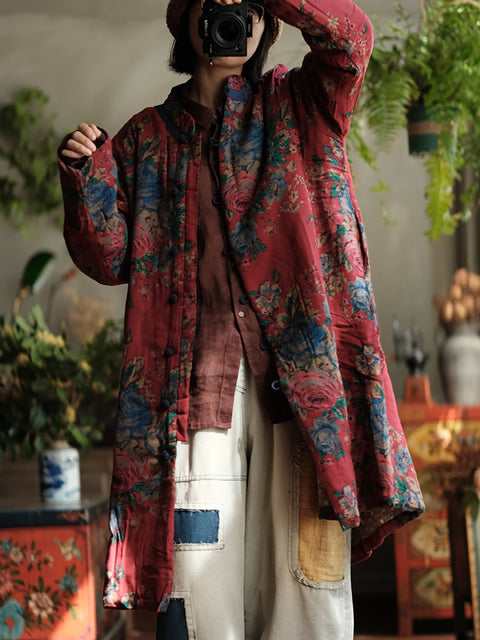 Women Autumn Vintage Stand Collar Flower Cotton Coat