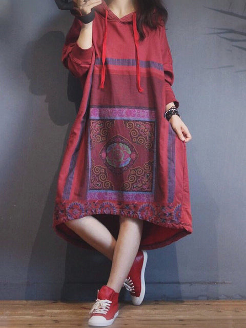 Women Ethnic Autumn Flower Hooded Dress