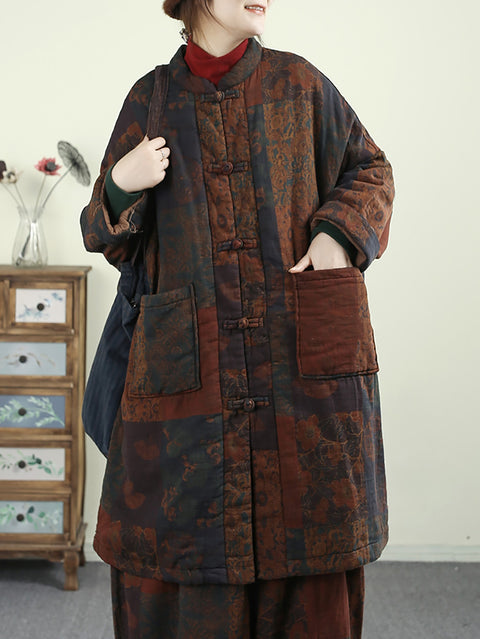 Women Autumn Vintage Stand Collar Patchwork 100%Cotton Coat