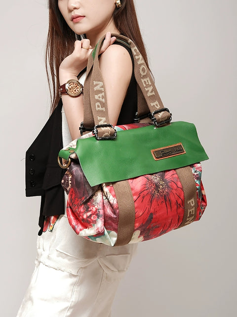 Women Fashion Flower Colorblock Large Capacity Shoulder Bag