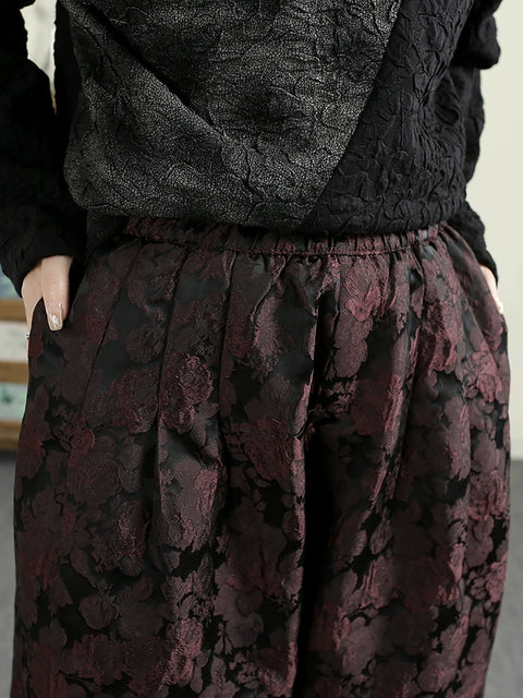 Women Winter Retro Flower Jacquard Fleece-lined Harem Pants