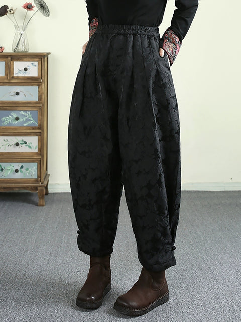 Women Winter Retro Flower Jacquard Fleece-lined Harem Pants