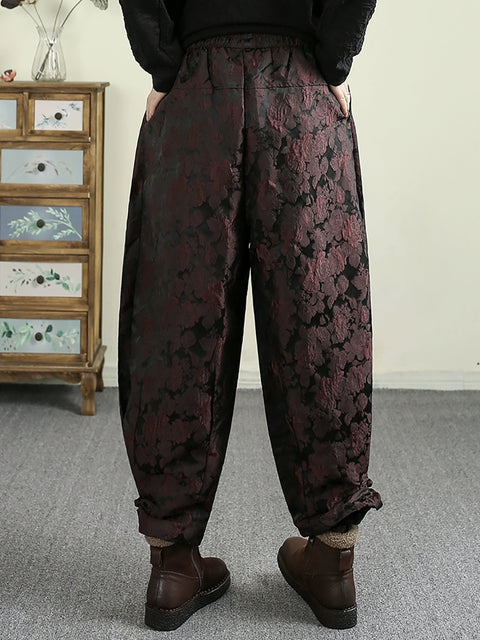 Women Winter Retro Flower Jacquard Fleece-lined Harem Pants