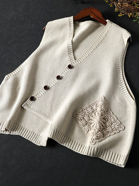 Women Casual Autumn Embroidery V-Neck Knit Vest