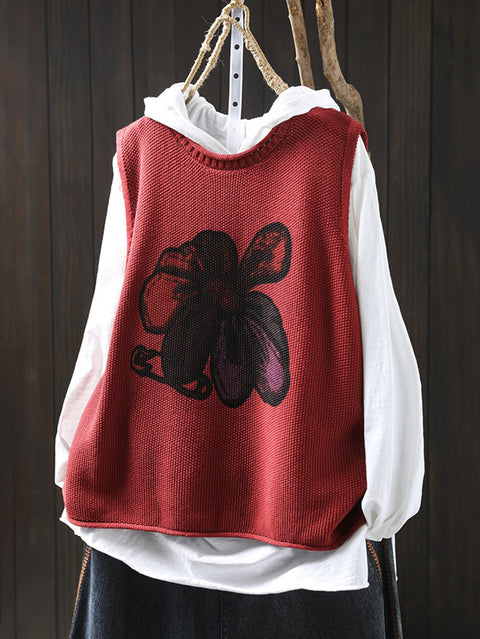 Women Winter Flower O-Neck Knit Vest