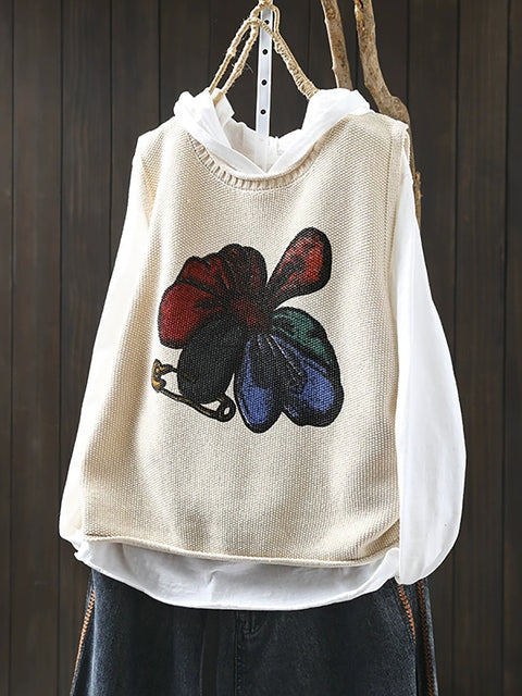 Women Winter Flower O-Neck Knit Vest