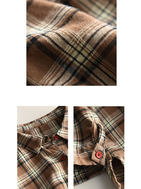 Women Autumn Cotton Turn-down Collar Plaid Shirt