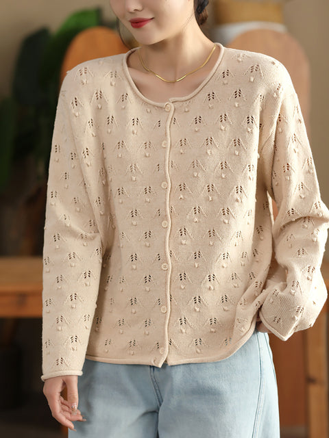 Women Autumn Perforated Knit O-Neck Cotton Sweater