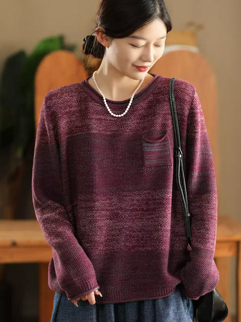 Women Autumn Colorblock O-Neck Cotton Sweater