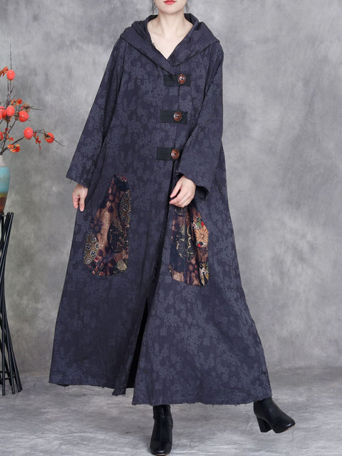 Women Autumn Retro Linen Jacquard Hooded Coat