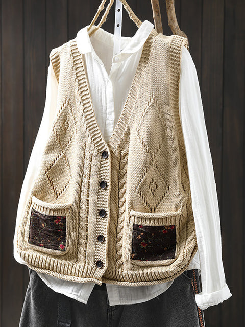 Women Spring Ethnic V-Neck Flower Patch Knit Vest