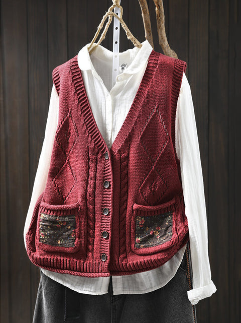 Women Spring Ethnic V-Neck Flower Patch Knit Vest