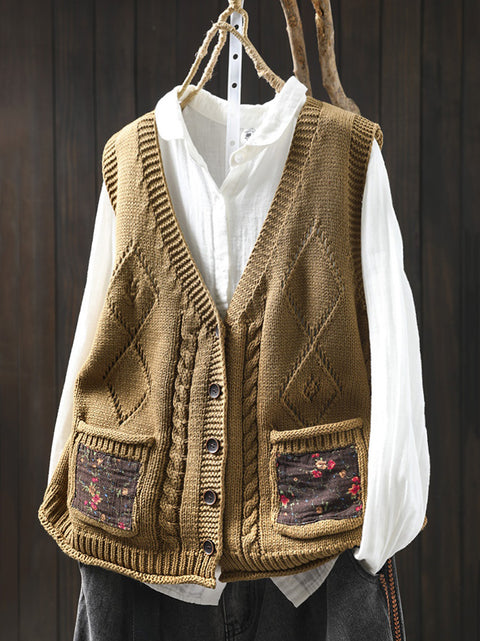 Women Spring Ethnic V-Neck Flower Patch Knit Vest