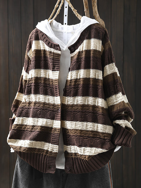 Women Autumn Colorblock Stripe O-Neck Cotton Sweater