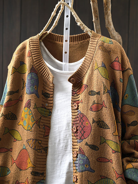 Women Autumn Fish O-Neck Cotton Cardigan Sweater