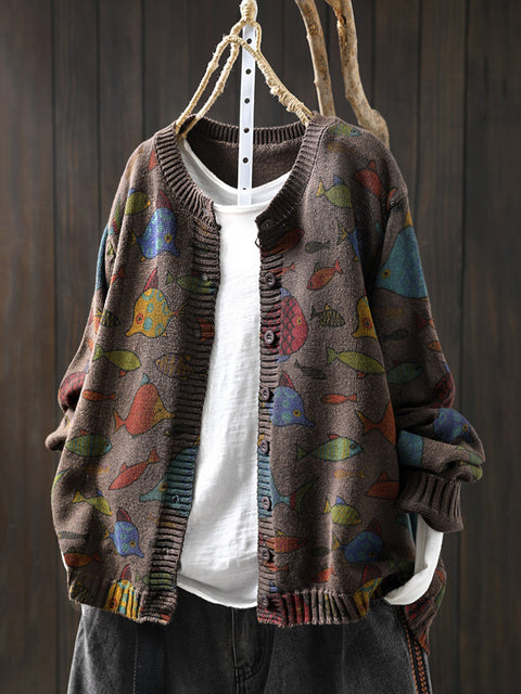 Women Autumn Fish O-Neck Cotton Cardigan Sweater