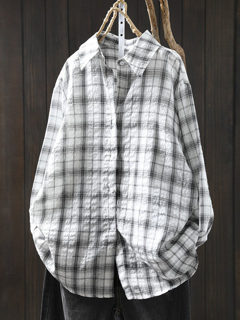 Women Spring 100%Cotton Plaid Turn-down Collar Shirt