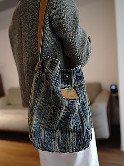 Women Retro Washed Denim Stripe Tote Bag Shoulder Bag