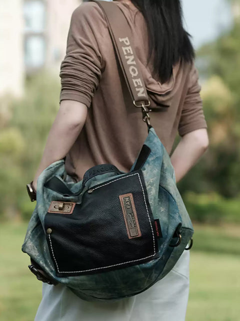 Women Retro Canvas Leather Spliced Shouder Bag