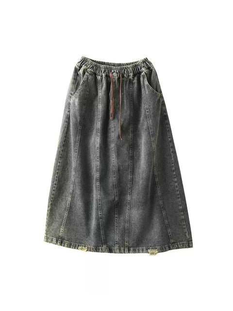 Women Spring Retro Frayed Denim Skirt