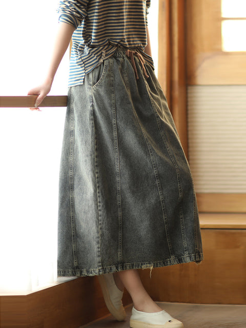 Women Spring Retro Frayed Denim Skirt