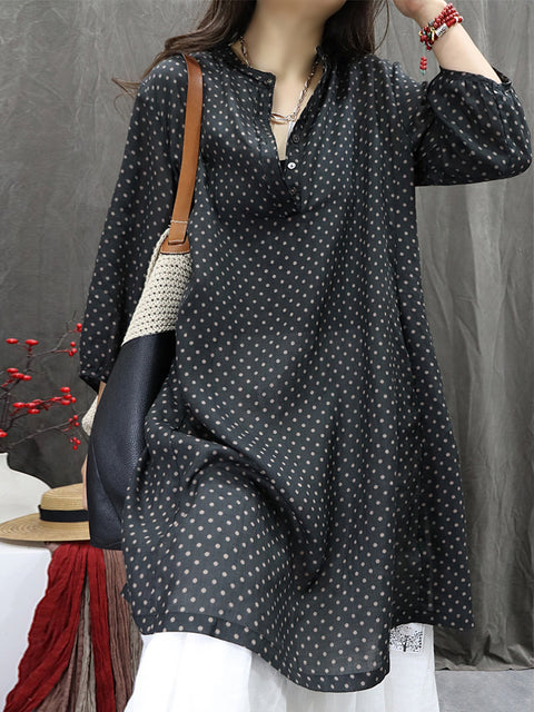 Women Spring O-Neck Dot 100%Ramie Shirt Dress