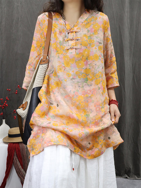 Women Spring Ethnic V-Neck Flower 100%Ramie Shirt