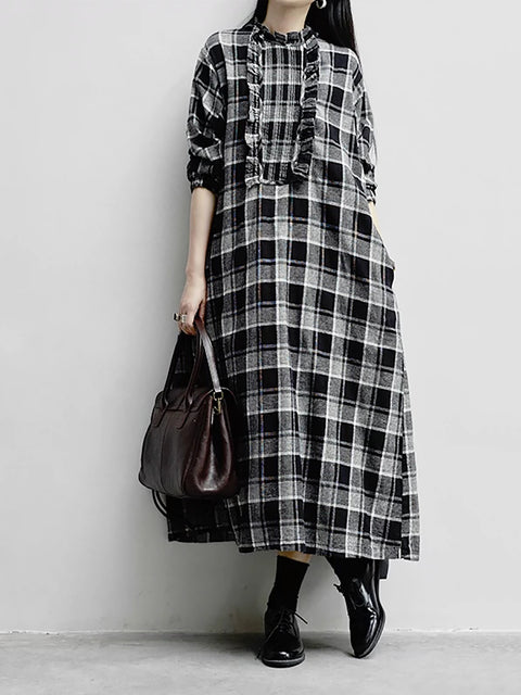 Women Spring Artsy Plaid Ruffle Collar Loose Dress