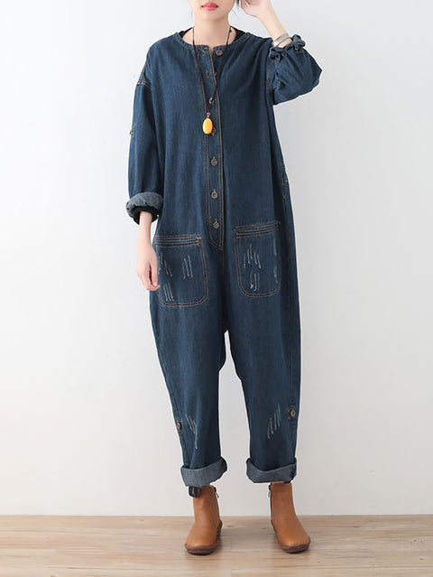 Women Spring Vintage Denim O-Neck Loose Jumpsuits