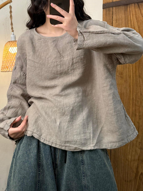 Women Spring Casual Pure Color O-Neck Linen Shirt