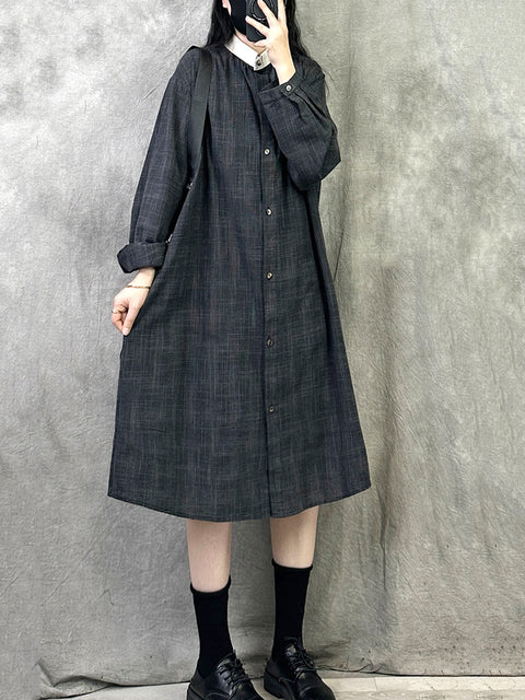 Women Spring Artsy Plaid Turn-down Collar Loose Dress