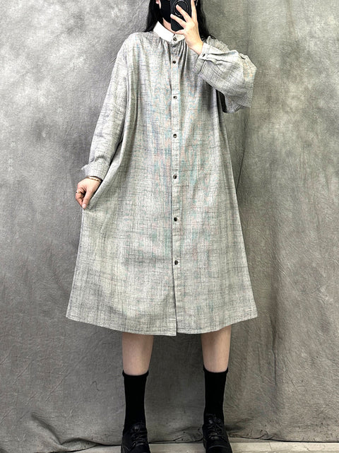 Women Spring Artsy Plaid Turn-down Collar Loose Dress