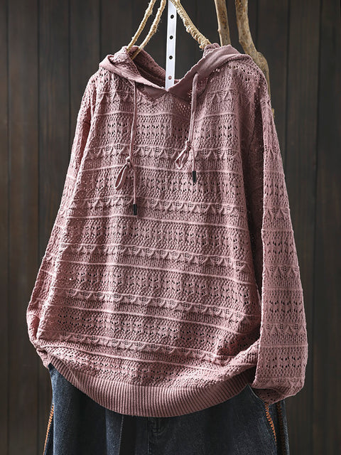 Women Spring Artsy Knit Cotton Hooded Shirt