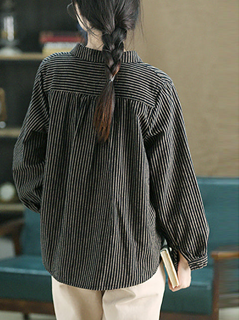 Women Autumn Vintage Stripe Cotton Turn-down Collar Shirt