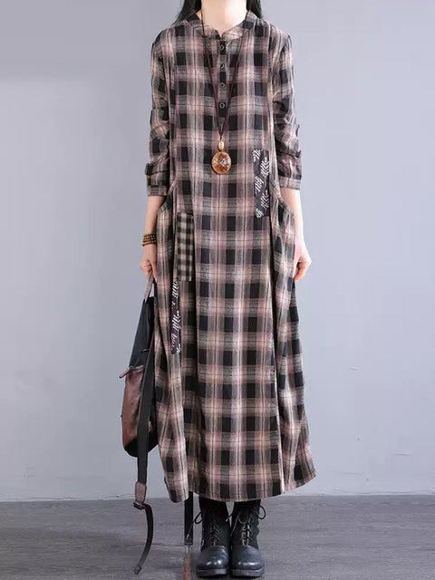 Women Spring Plaid Stand Collar Spliced 100%Cotton Dress