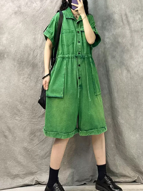 Women Summer Vintage Pure Color Loose Jumpsuits