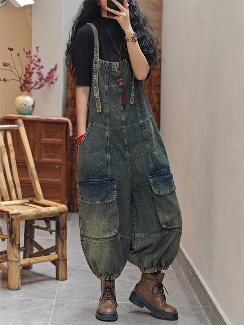 Women Spring Worn Washed Denim Loose Jumpsuits