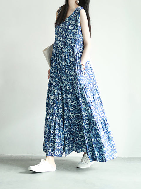 Women Summer Artsy Flower V-Neck Vest Maxi Dress