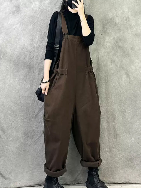 Women Spring Vintage Pure Color Loose Jumpsuits