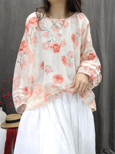 Women Artsy Summer Floral 100%Ramie O-Neck Shirt